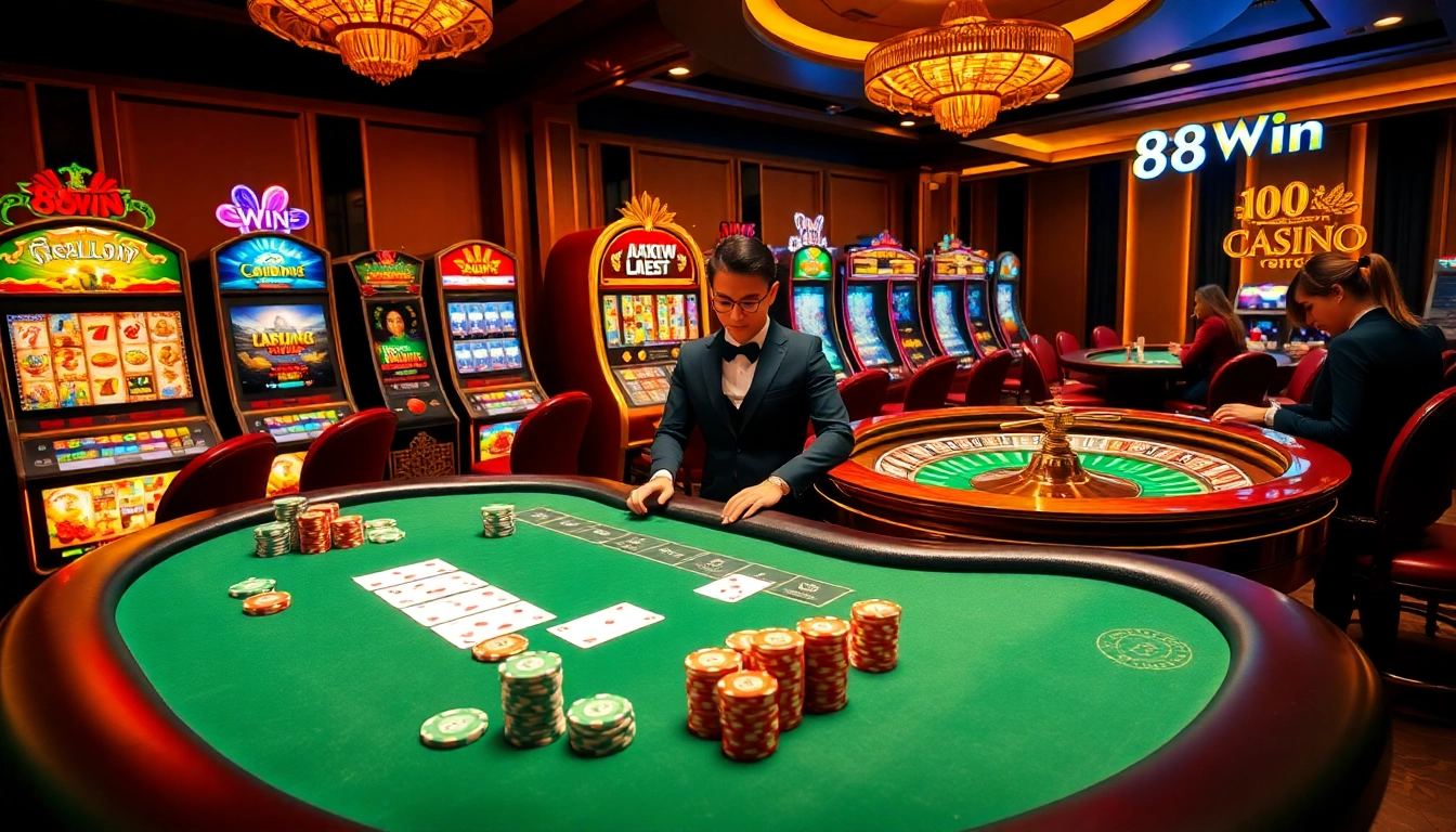 Players enjoy high-stakes poker at 98Win's luxurious casino tables, illuminated with golden lights.