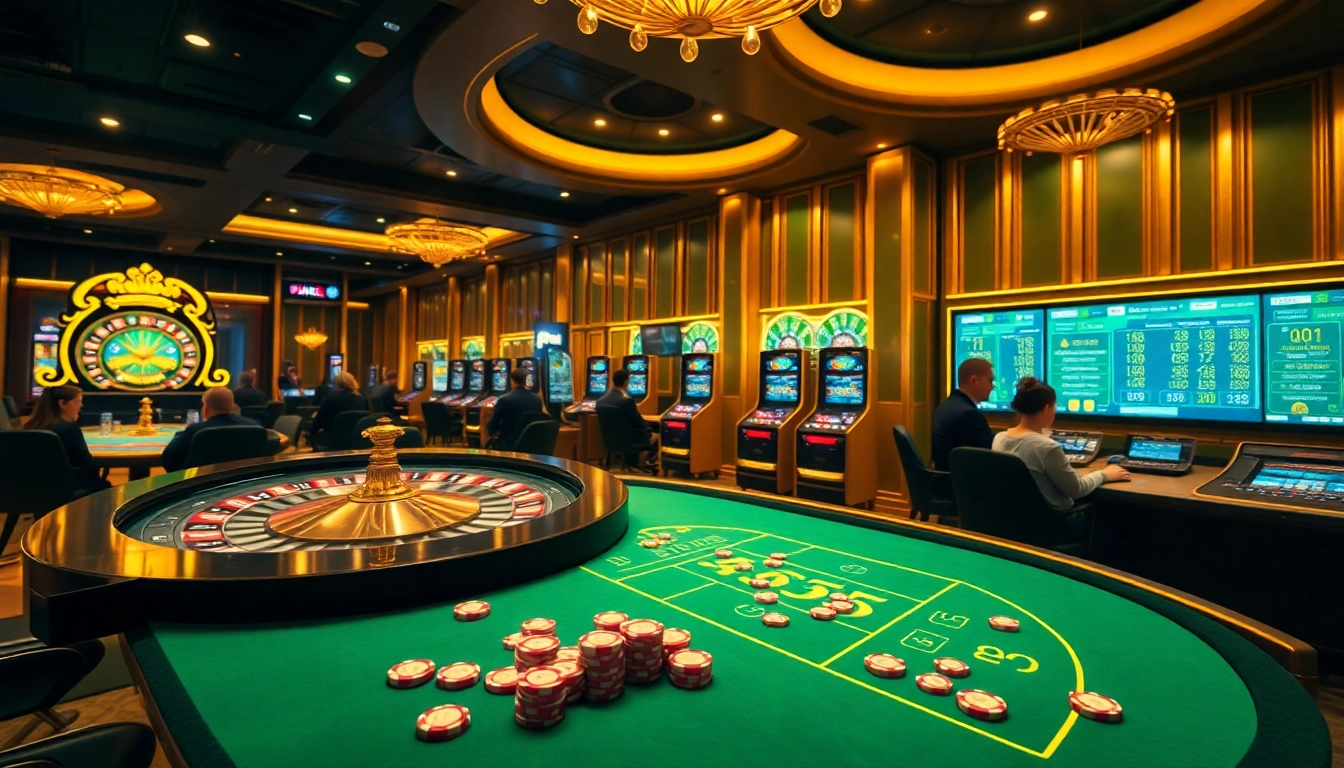 Engaging gambling scene featuring BL555 online poker tables and roulette wheels in a luxurious casino.