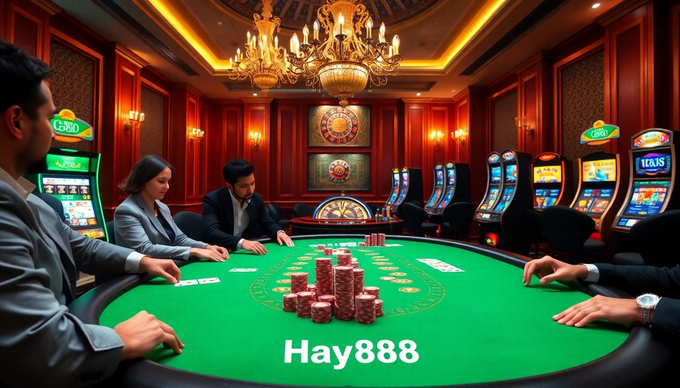 Experience thrilling gameplay at Hay88 com with vibrant casino elements like poker tables and roulette wheels.