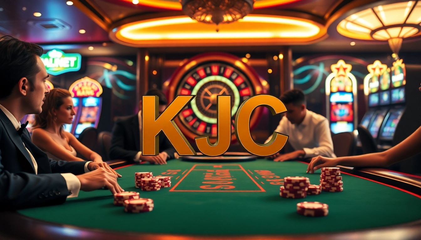 Players competing in a high-stakes poker game at KJC, showcasing luxury and excitement.