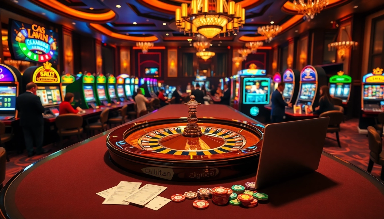 Experience the thrill of 789p gaming with a luxurious casino atmosphere, featuring roulette and slot machines.