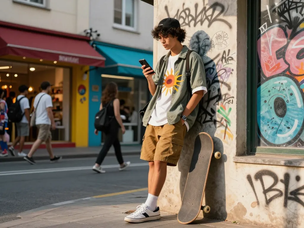 Stylish individual showcasing sunwin fashion amid vibrant urban backdrop.