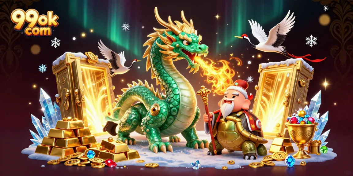 Immerse in 99ok com's vibrant realm with a dragon, turtle sage, and lucky cranes amidst treasures.