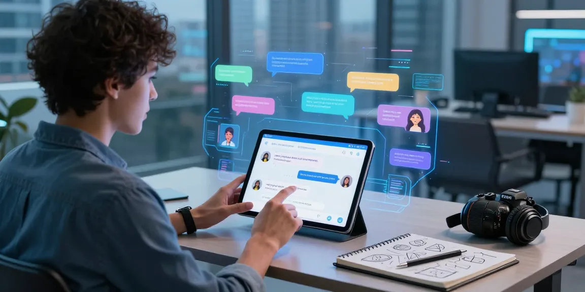 Engaging user interacting with vibrant sex chat ai interface in a modern tech workspace.