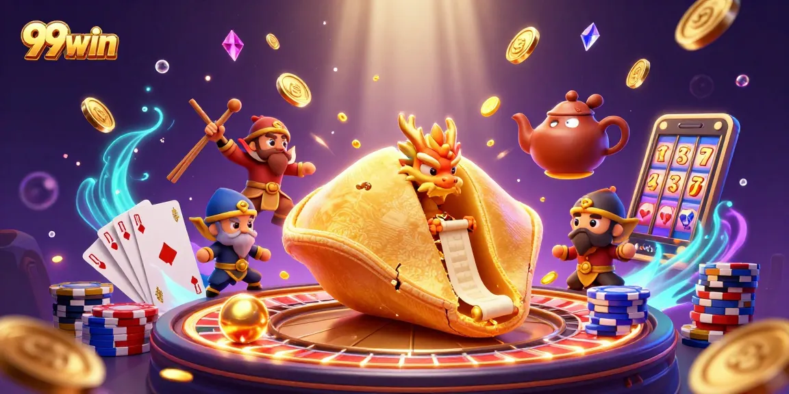 Experience the thrill of 99win with a vibrant casino scene filled with golden treasures and dynamic illustrations.