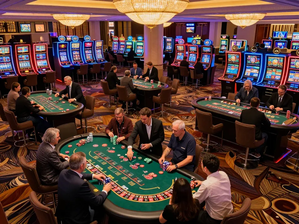 Sunwin gaming excitement captured in a lively casino atmosphere, players engaged at roulette and blackjack tables amid vibrant neon lights.