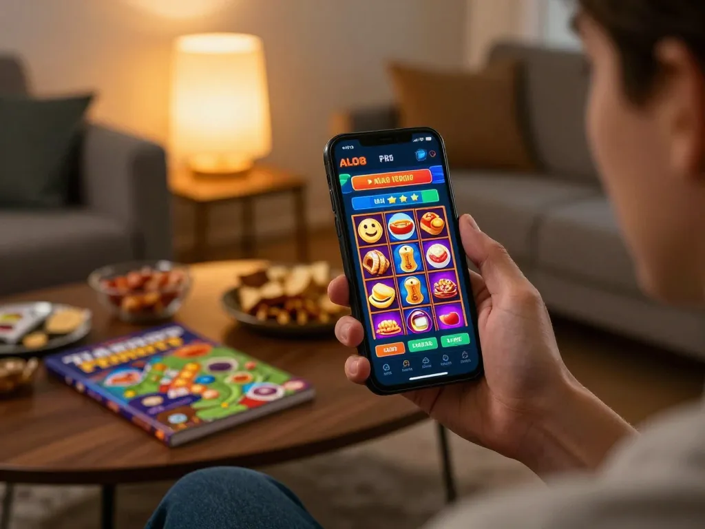 Engaging with ALO8 PRO casino app on smartphone, showcasing vibrant online gaming experience at home