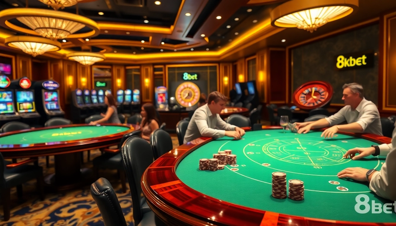 Players enjoying a high-stakes poker game at a luxury casino featuring 8kbet.