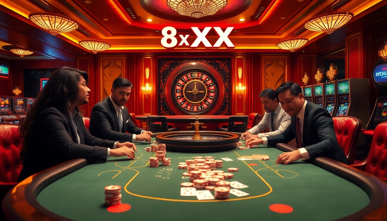 Exciting casino action at 8XX with players immersed in a poker game, surrounded by vibrant gaming tables.