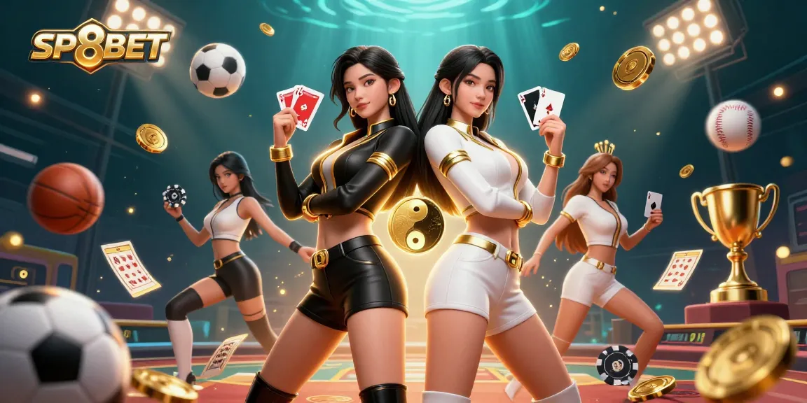 Experience the thrilling world of SP8BET with dynamic gaming elements featuring two powerful Asian women in a vibrant casino scene.