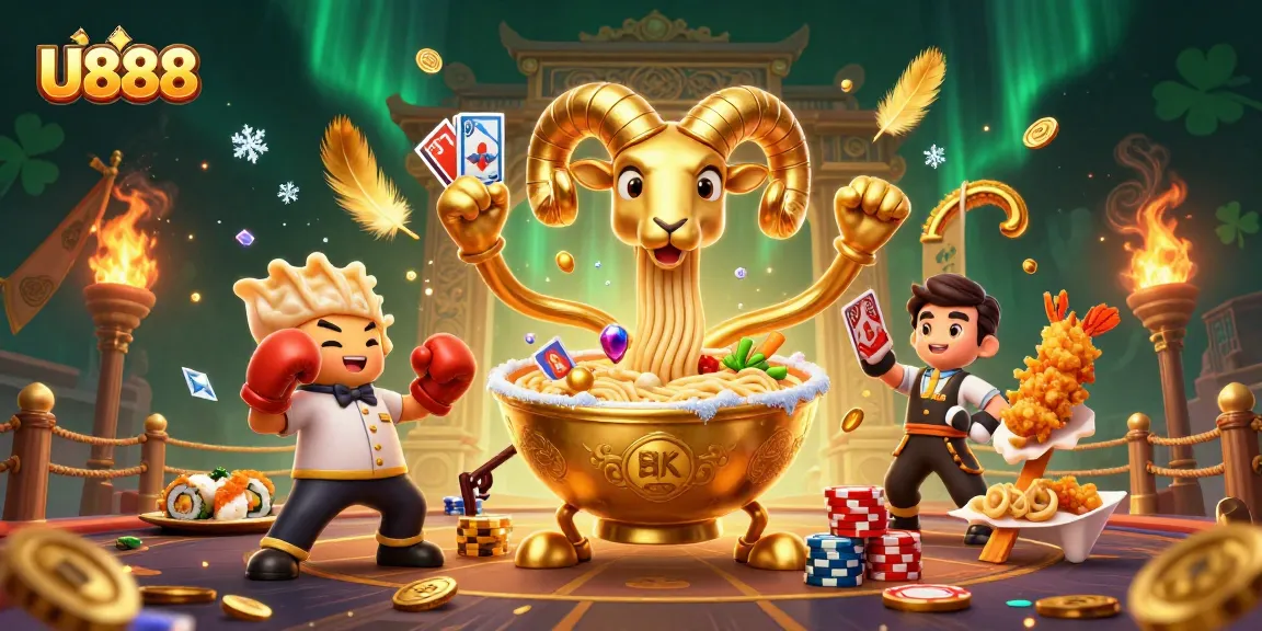U888's engaging gambling scene with a golden ramen bowl dealer stacking chips and cards amidst spectators