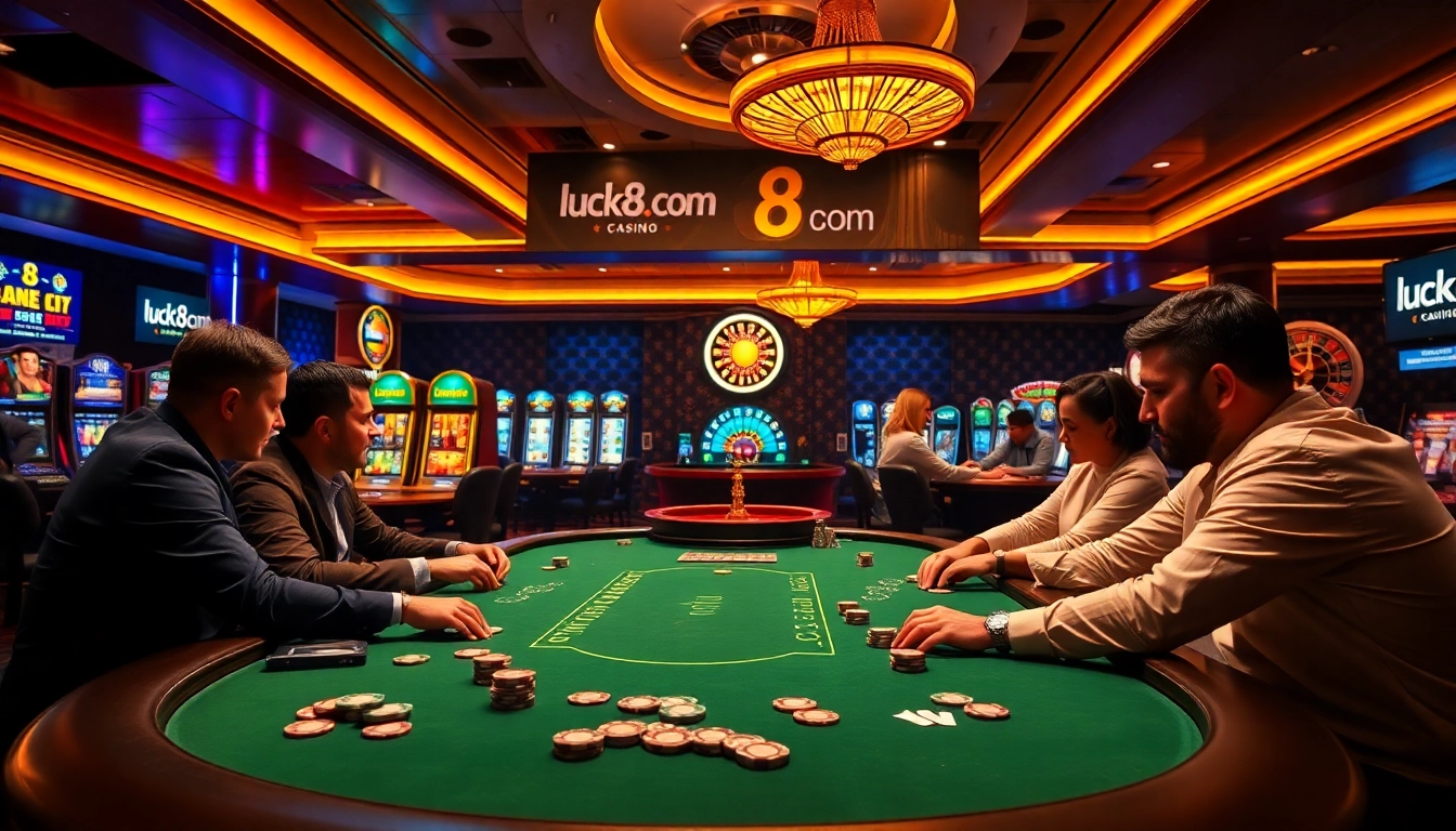 Experience the thrill of betting at luck8 com with vibrant casino visuals including poker tables and slot machines.