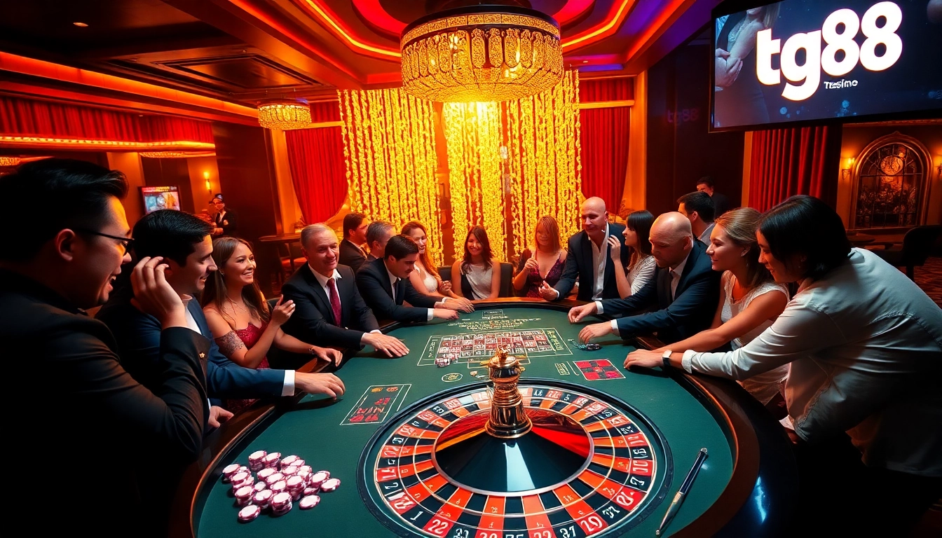 Players excitedly gamble at the tg88 table with vibrant roulette and poker chips.