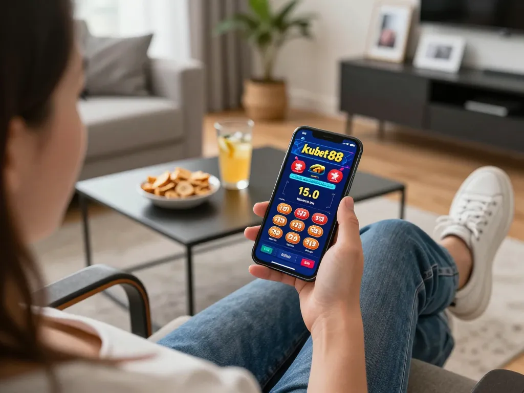 Engaging mobile gaming session with kubet88 app on smartphone in a cozy living room