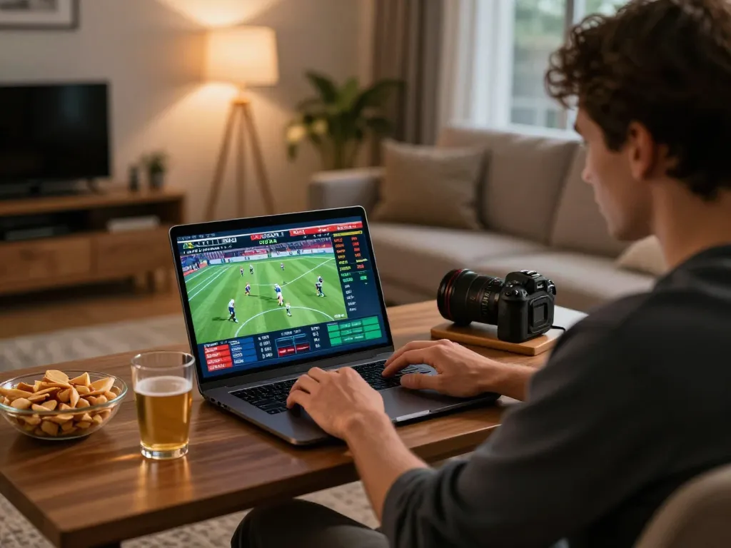 Engaged player exploring kèo nhà cái odds on laptop during an online sports betting session at home.