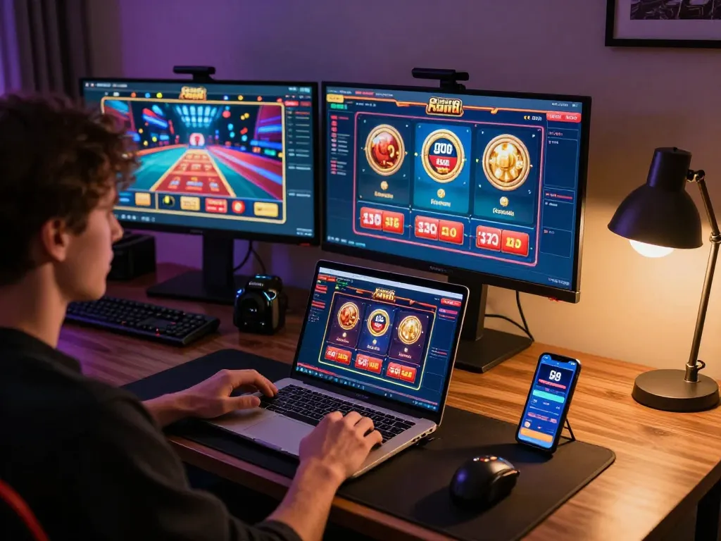 Engaged player using go8 casino app while analyzing strategies at a modern gaming setup.