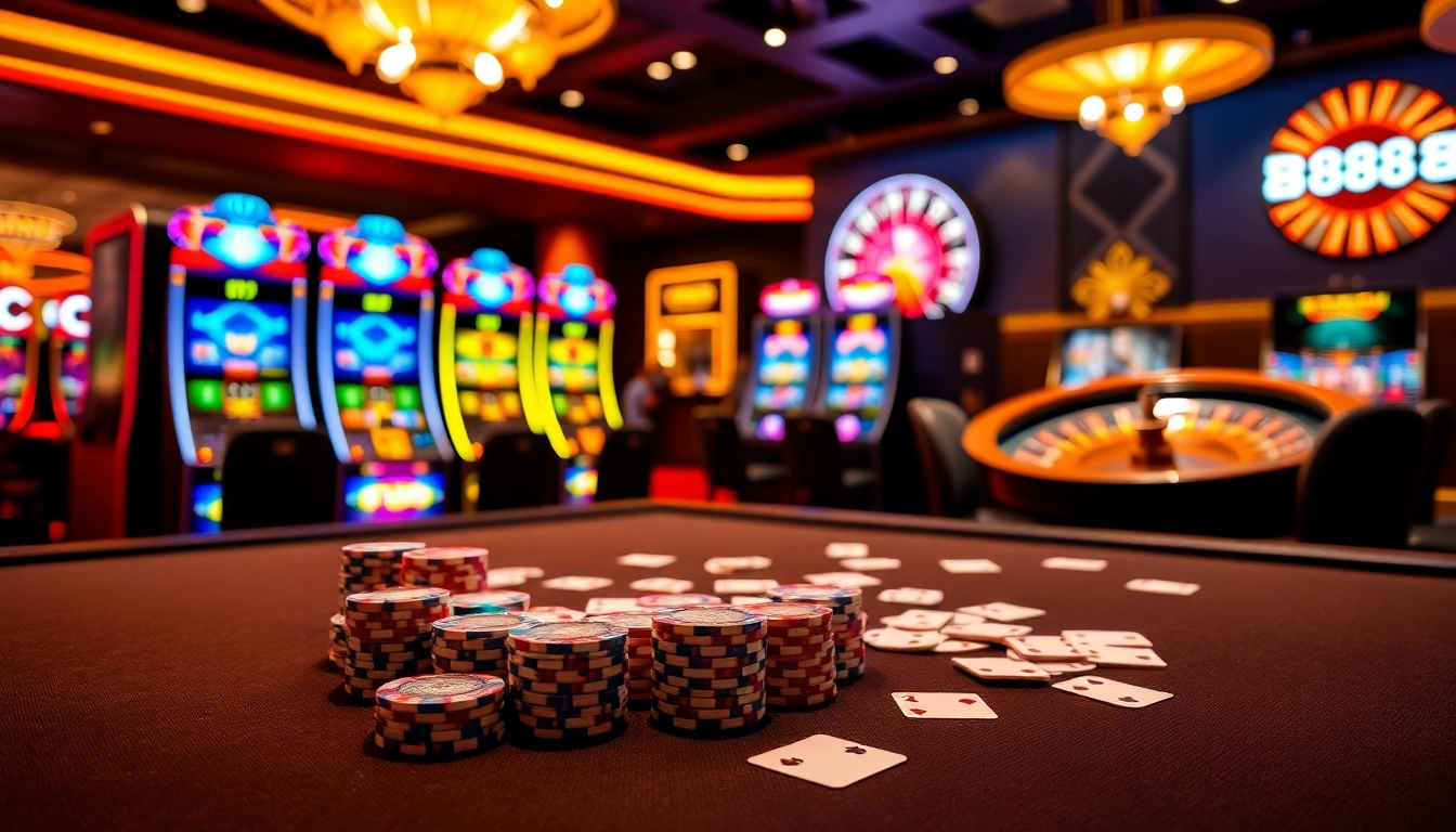 Exciting gaming tables with poker chips and cards at 888b casino.