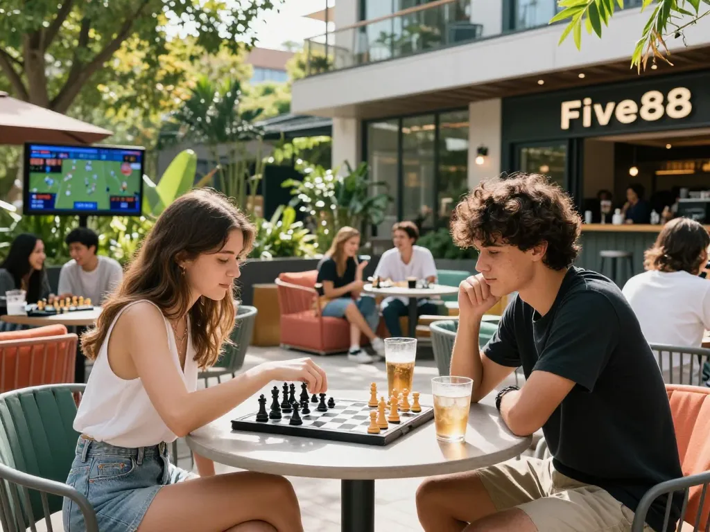 Young couple enjoying a game at Five88 recreational venue, vibrant outdoor setting.