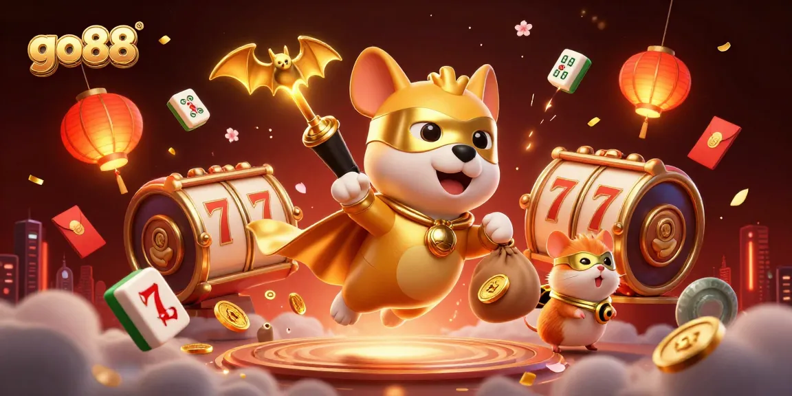 Experience excitement with go88 as a superhero dog soars with gold coins amidst dazzling slots and casino symbols.