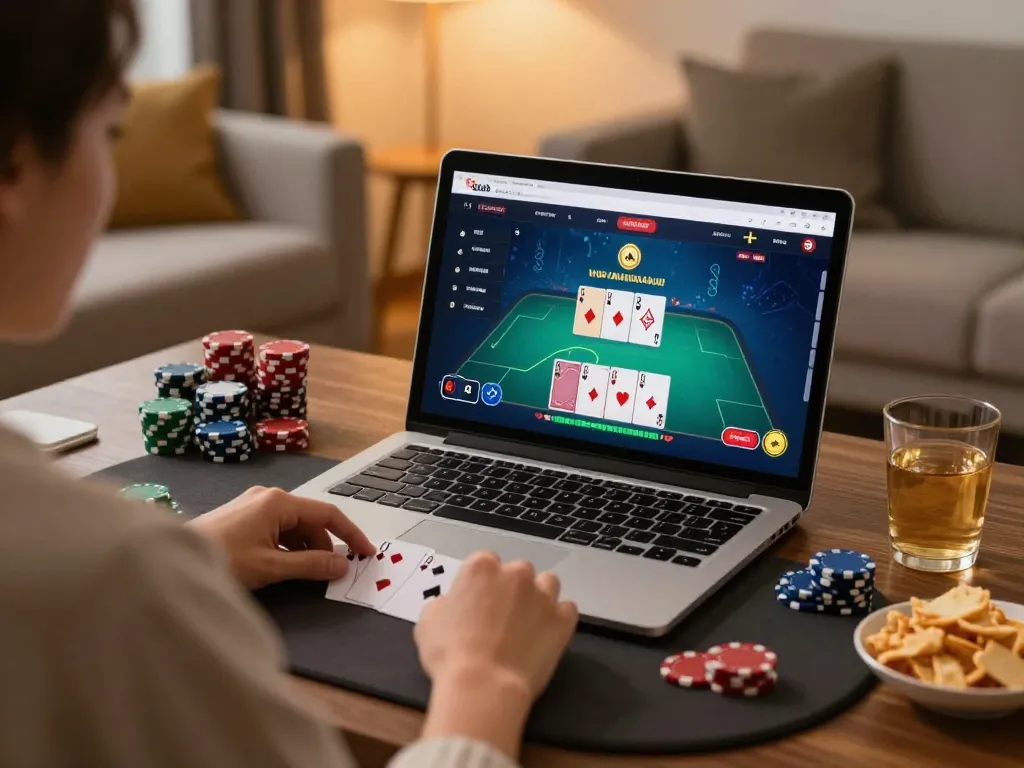 A person plays live poker online at luckywin com from a cozy living room, showcasing the online gaming atmosphere.