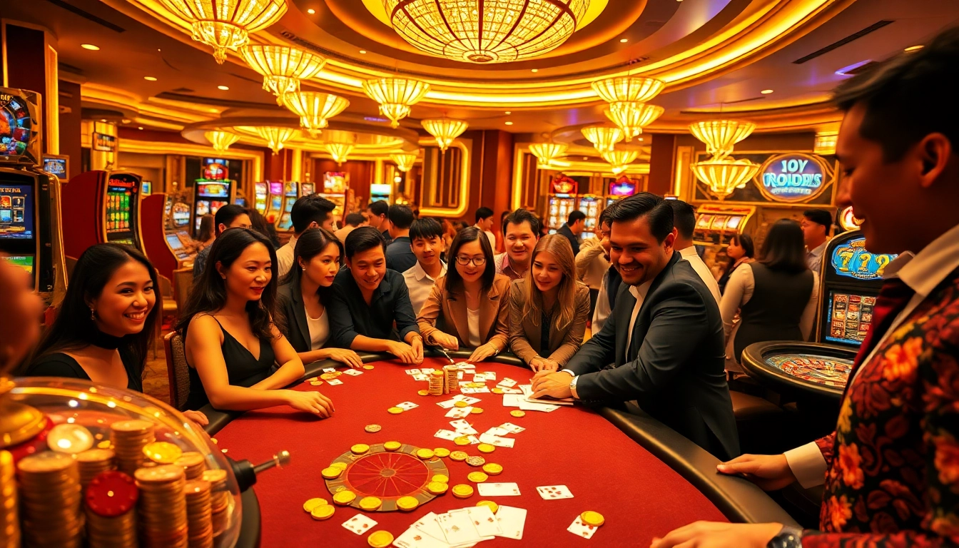 Engaging gamblers at a high-stakes poker table with gg88 gold chips, showcasing excitement and luxury.