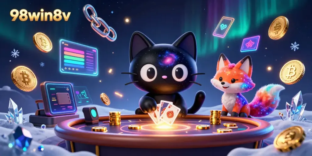 Experience thrilling gameplay at 98win8v with cosmic elements and playful characters in this vibrant scene.