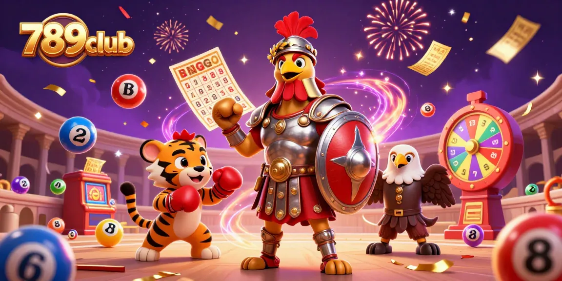 Experience the excitement of 789club with a vibrant scene featuring a gladiator rooster, lottery elements, and dynamic energy.