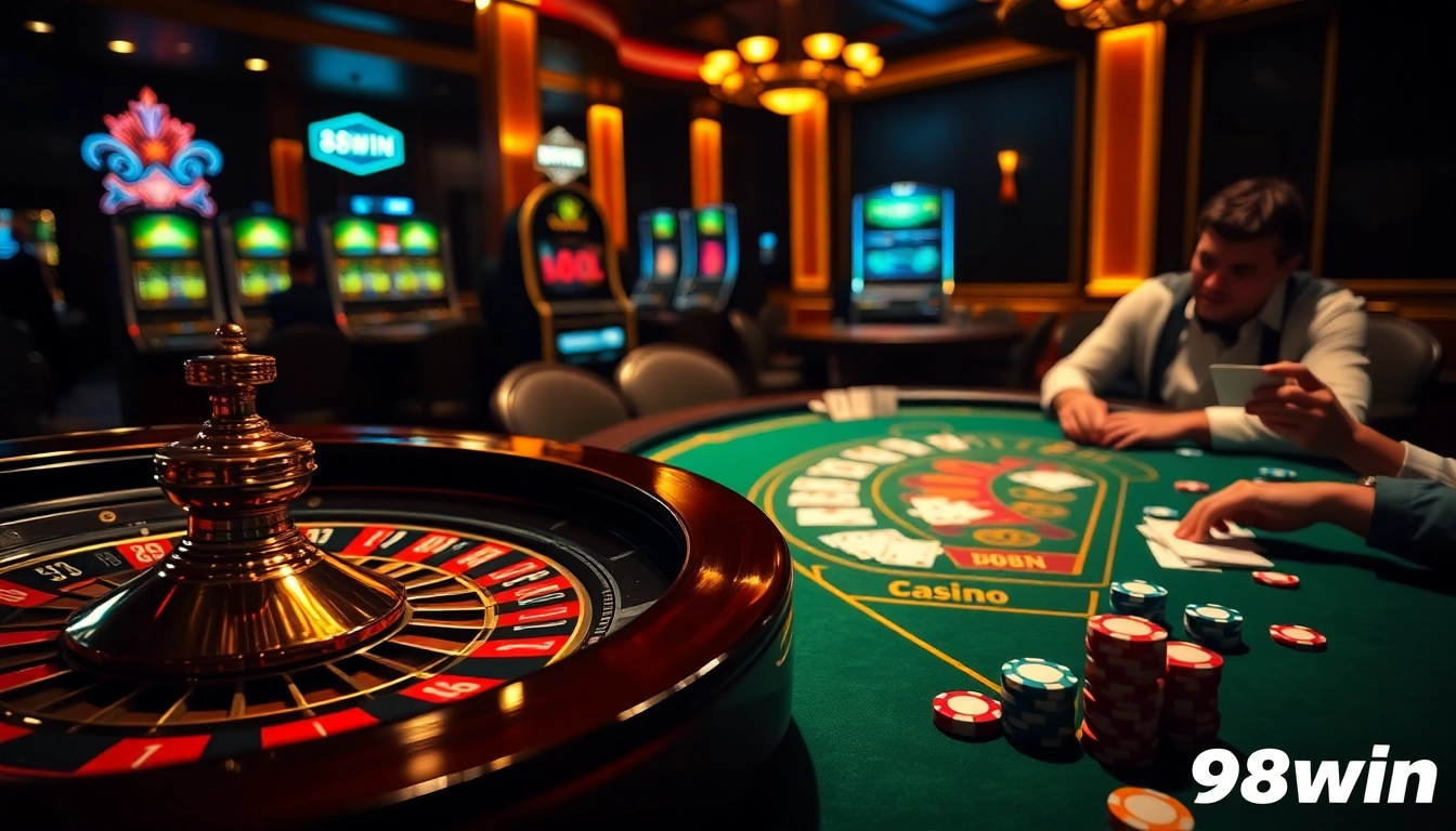 Experience the excitement of winning at 98win's vibrant casino, featuring roulette and poker.