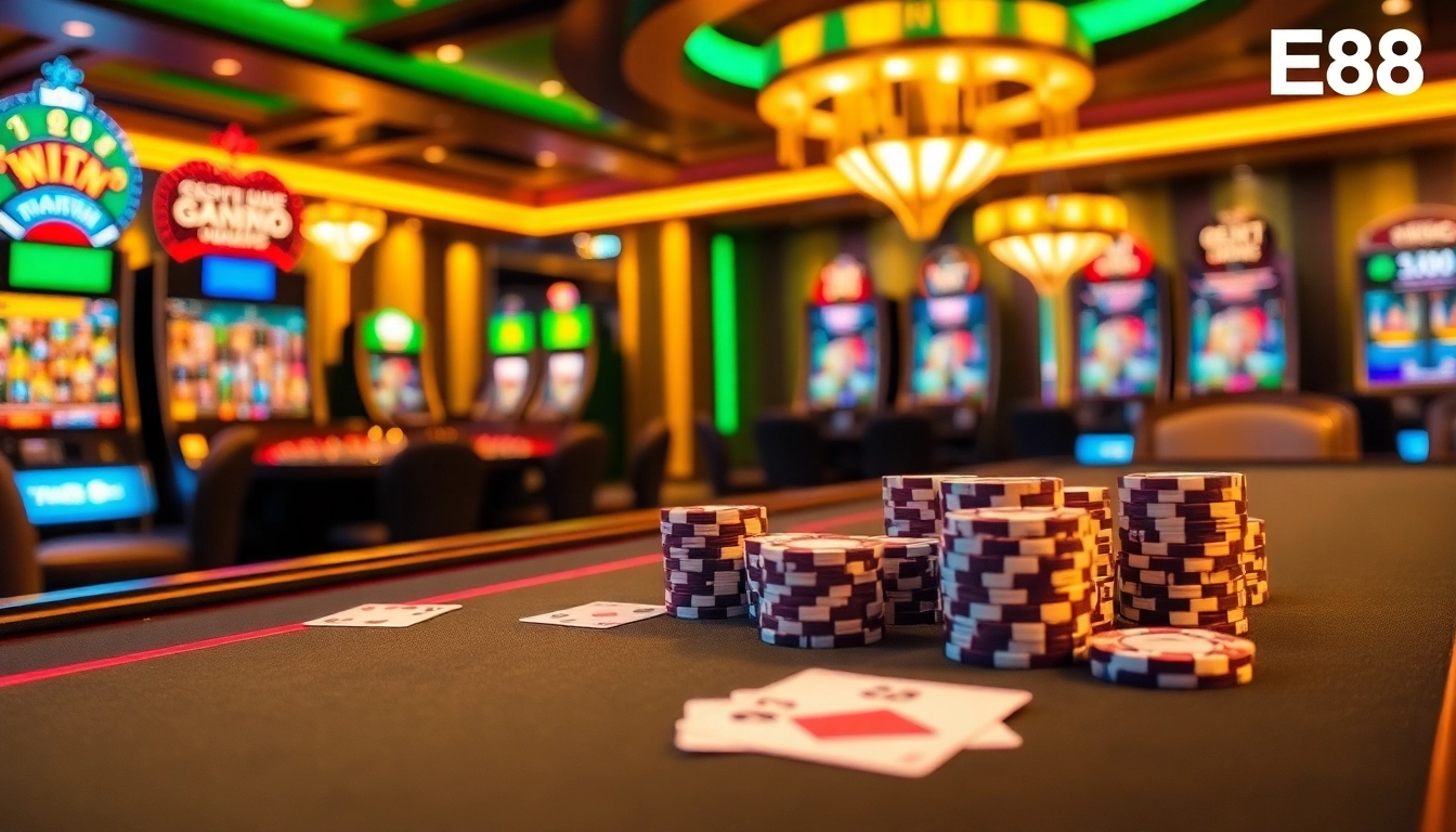 Engaging players at the EE88 casino table with vibrant poker chips and illuminated roulette wheel.
