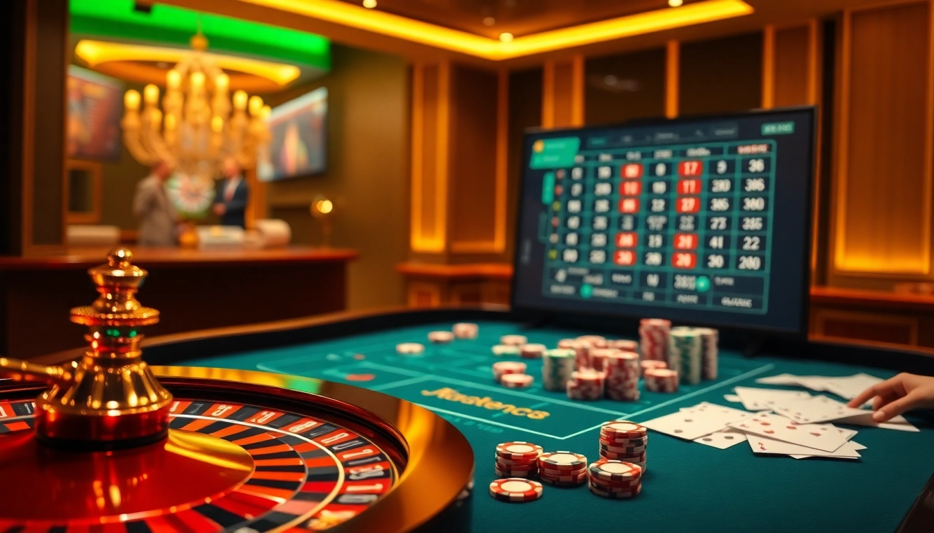 Lively online gambling scene featuring lô đề uy tín with roulette and poker chips, illuminated atmosphere.