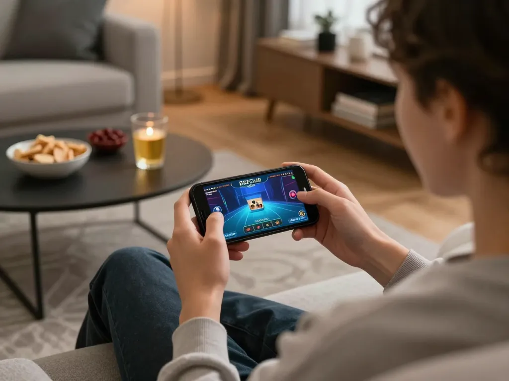 B52Club online gaming experience displayed on smartphone with relaxed home atmosphere.