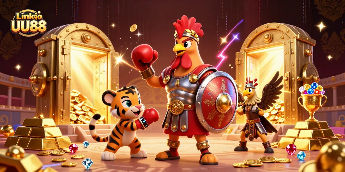 Experience the excitement of Link vào UU88 with a dynamic casino scene featuring a gladiator rooster and gold treasures.
