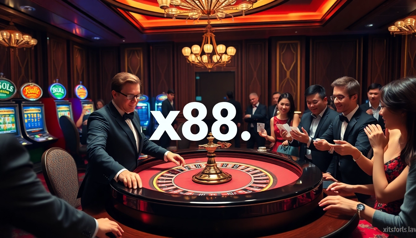 Experience thrilling gameplay at https://x88.law/ with an elegant roulette table and excited gamblers.
