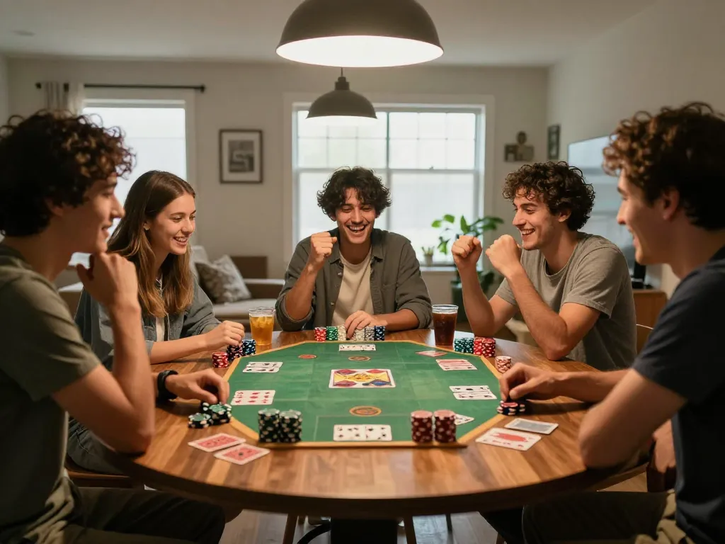 Friends celebrating a win while playing poker at home, featuring 789Club.