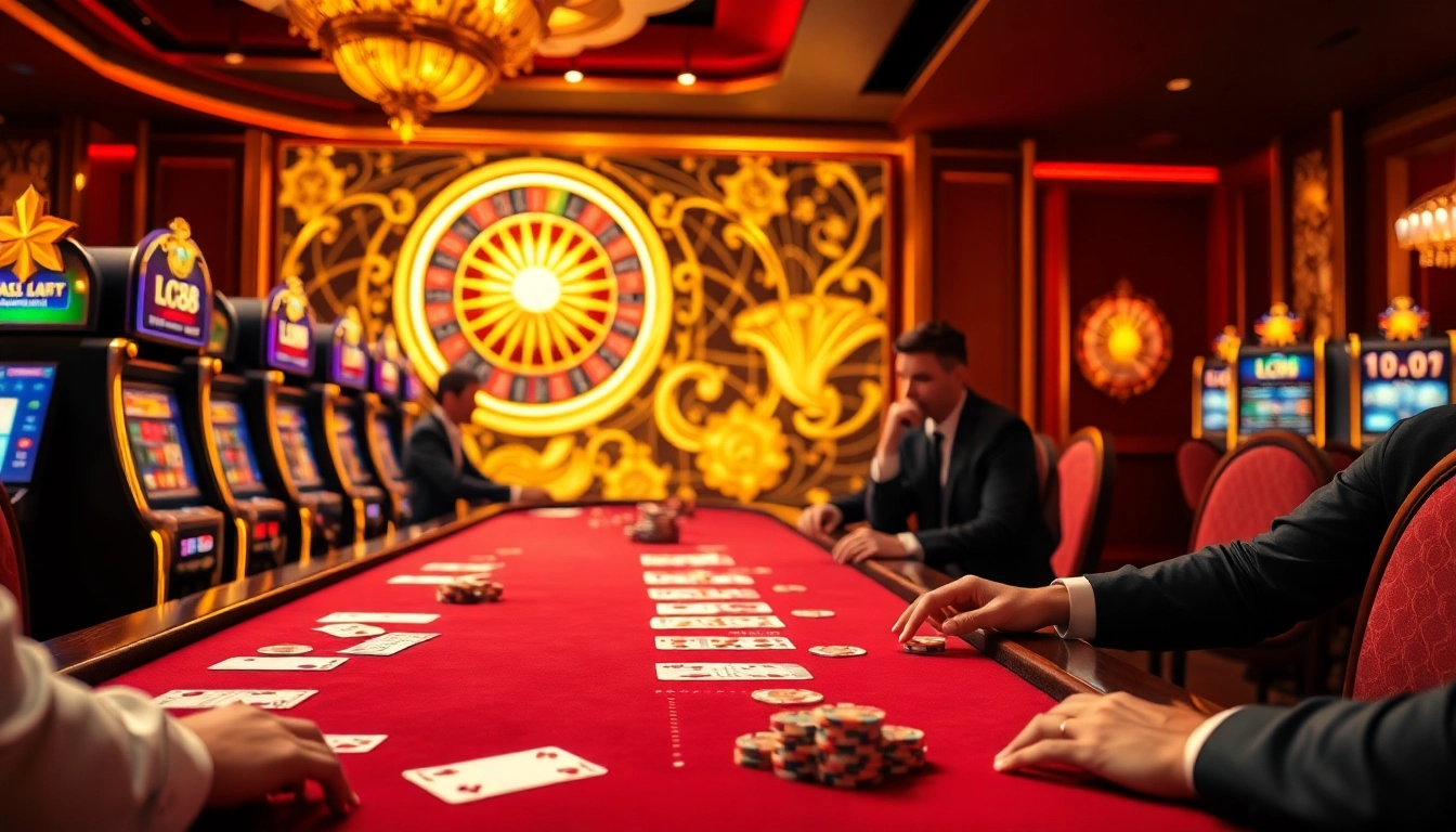 Players winning at the LC88 casino table amidst colorful slot machines and a stylish environment.