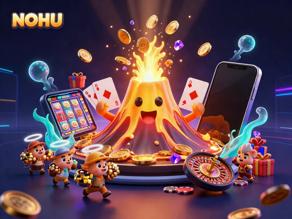 Experience the thrill of jackpots at NOHU with erupting treasures and vibrant casino elements.