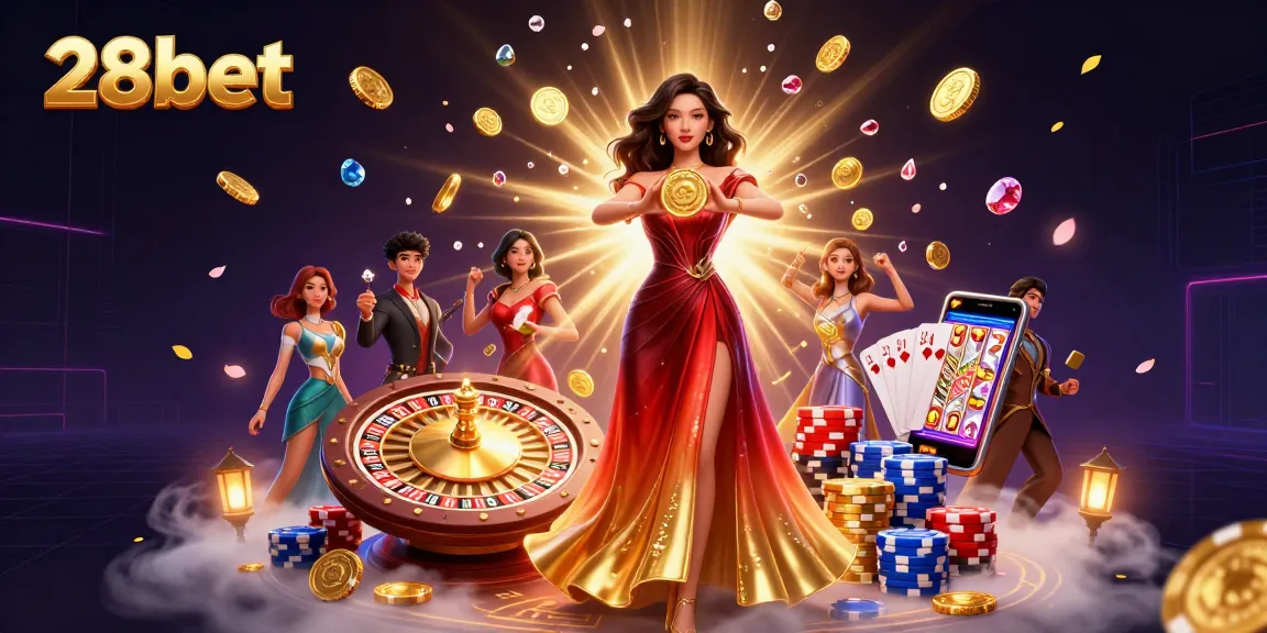 Experience the thrill of 28bet with a stunning illustration of a glamorous Asian woman holding a golden coin surrounded by dynamic casino elements.