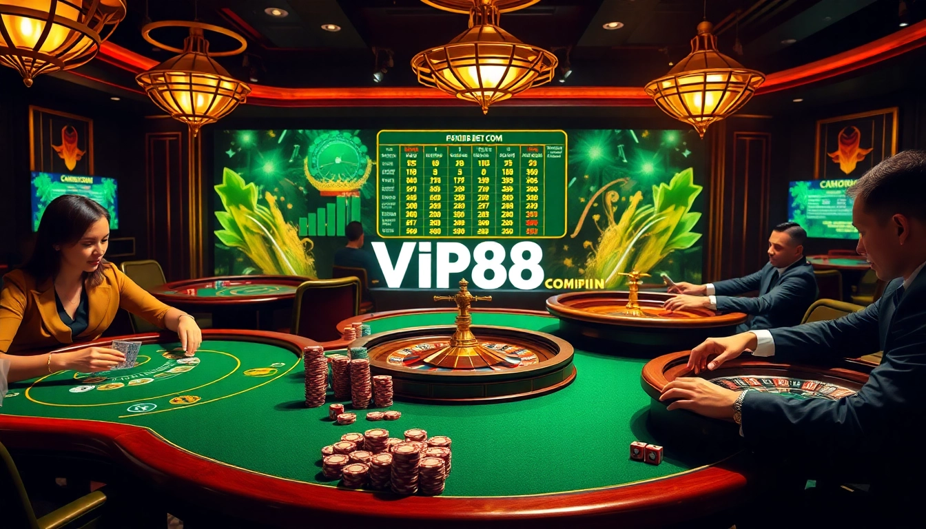 Experience the excitement of gambling at vip88 com with a luxurious casino scene filled with poker action.