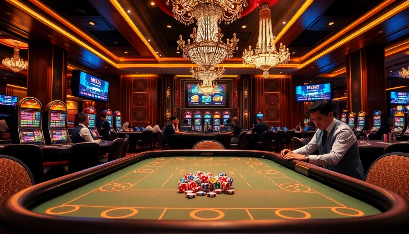 Tài xỉu MD5 game table with players placing bets and colorful dice in a luxurious online casino setting.