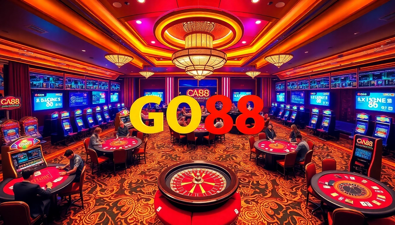 Experience winning strategies at GO88 in a vibrant casino scene featuring engaging card games and slot machines.