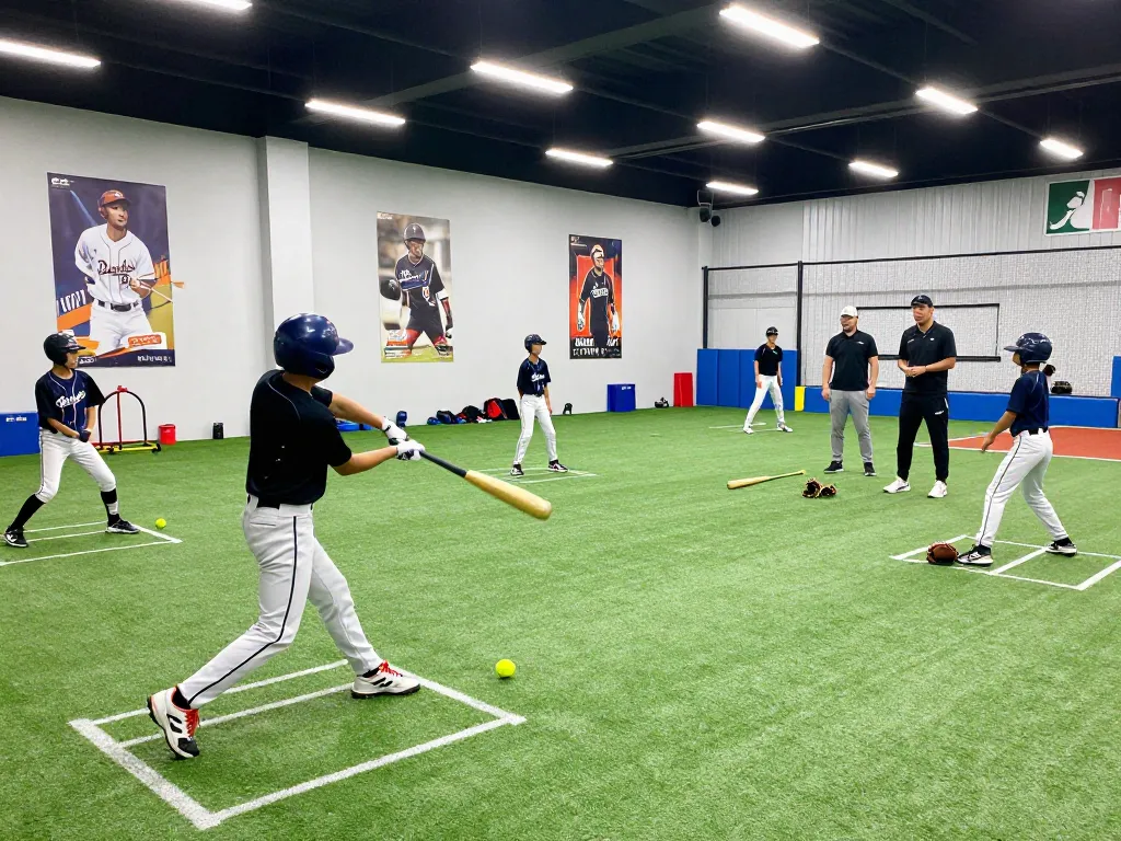 Young athletes training at hitclub facility, practicing baseball with coach guidance and motivational posters.