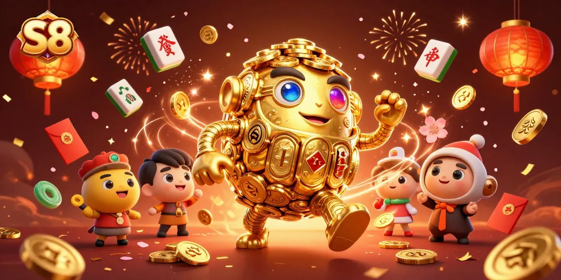 S8 captivates players with an ancient golden golem surrounded by festive casino elements.