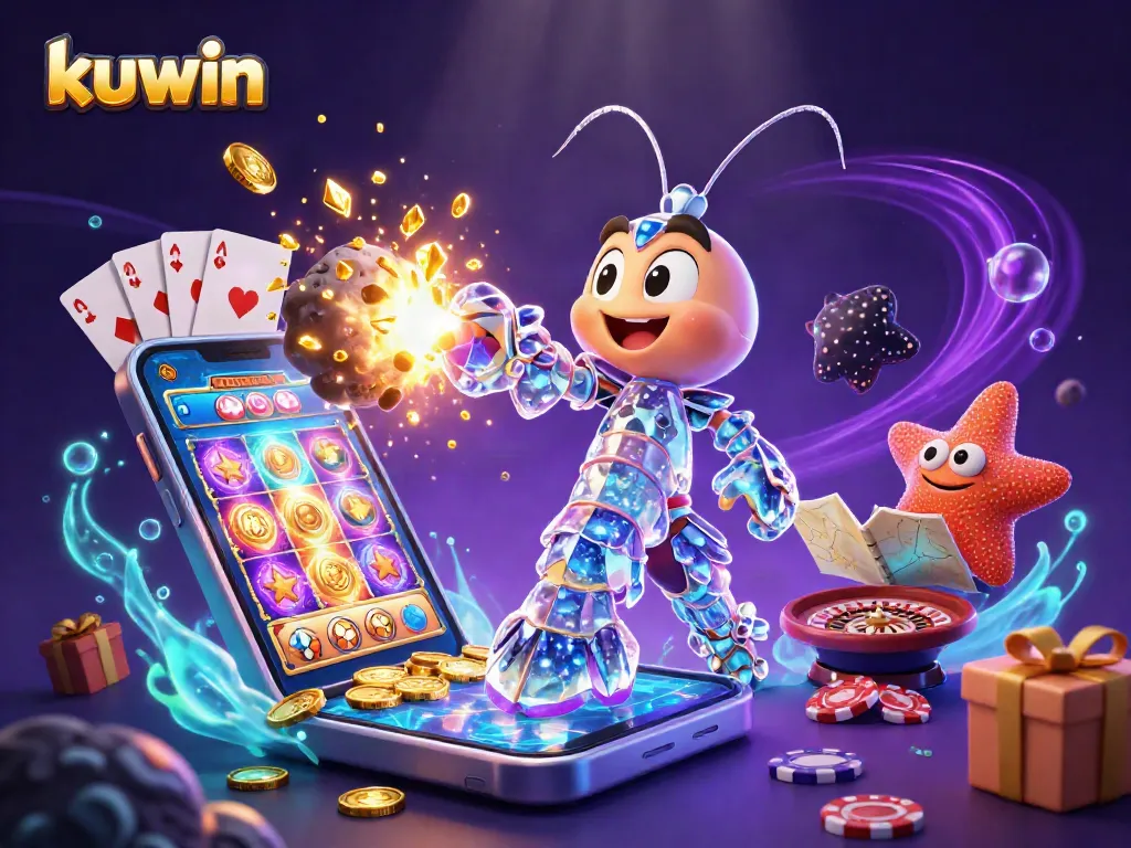 Kuwin enhances gaming excitement with a cosmic mantis shrimp bursting gems from an asteroid.