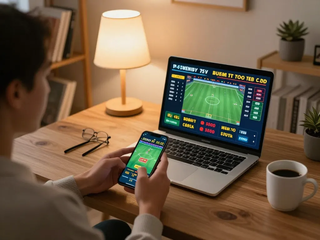 Person engaging in sports betting via ok365 on a smartphone from a cozy home setup
