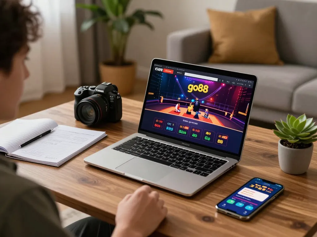Player using go88 app on a stylish laptop in a cozy home, showcasing online casino excitement