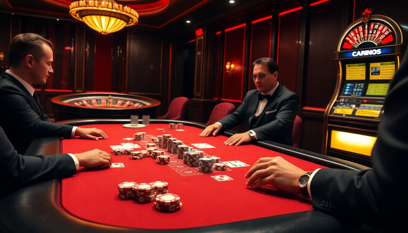 SAY88 players enjoying a high-stakes poker game at an upscale casino table, capturing the thrill of gambling.