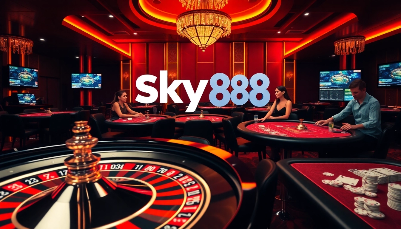 Sky88 players experience excitement at a luxurious online casino with roulette, cards, and chips.