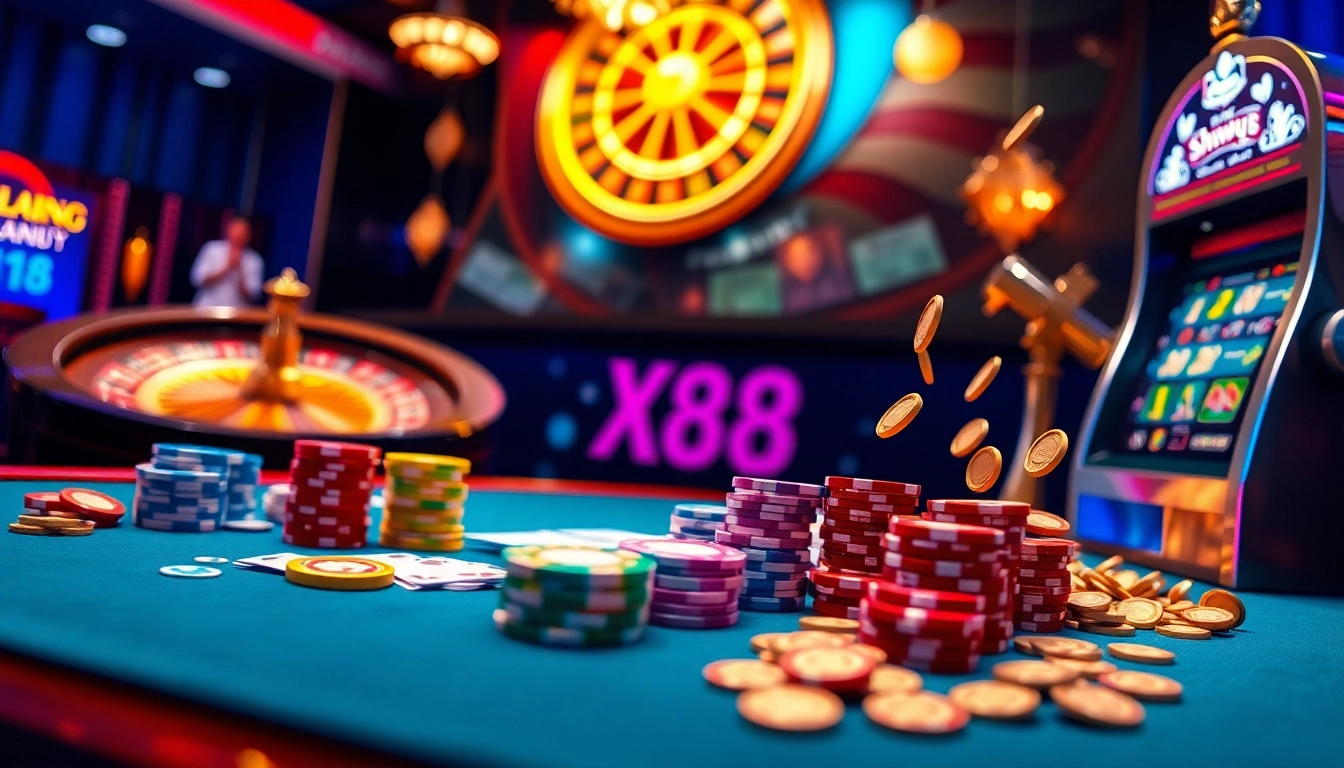 Exciting gaming experience at Nhà cái X88, showcasing vibrant casino table with chips and cards.