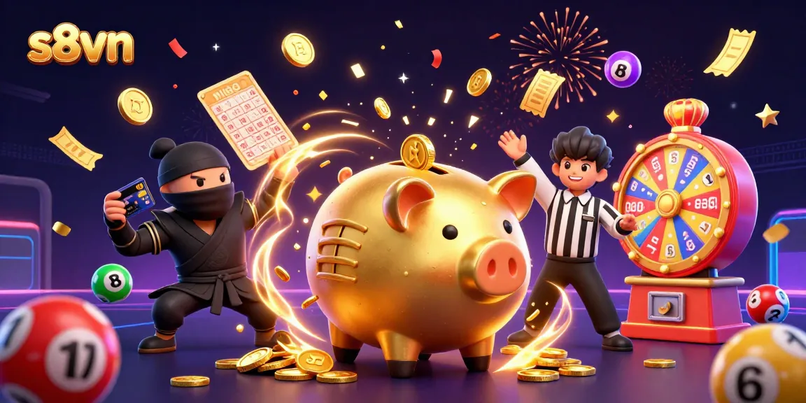 s8vn powers winning moments with a lively casino scene featuring a dynamic piggy bank sumo wrestler.