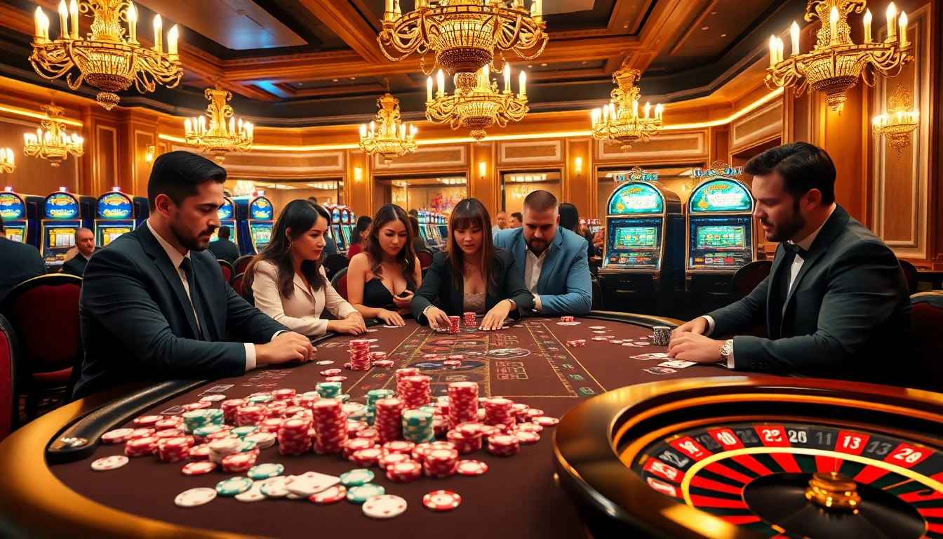 Players at KK55 enjoy a lively poker game at an upscale casino table, surrounded by vibrant slot machines.